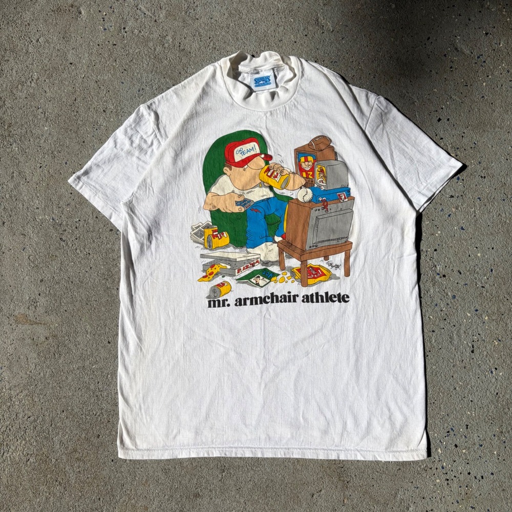 Vintage Stedman Mr Armchair Athlete T-Shirt XL White Single Stitch Jeff Johnson